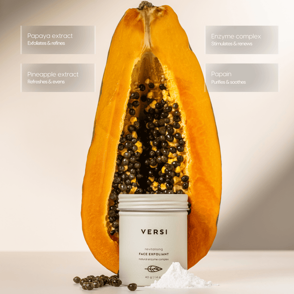 A beige Versi face exfoliant jar placed in front of a cut open papaya with exposed black seeds. Text callouts around the product identify ingredients including papaya extract, pineapple extract, enzyme complex, and papain.